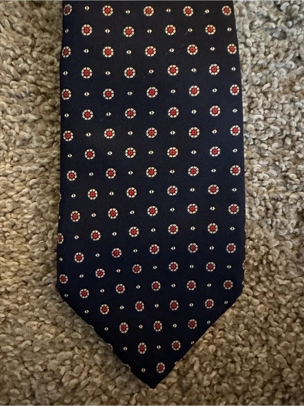 Men's Navy Tie with Small Red Dot Pattern